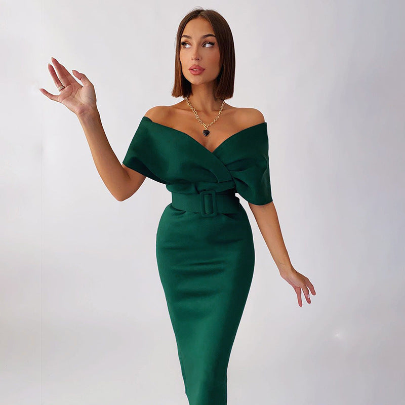 Sexy V Neck High Waist Dresses with Belt-Dresses-Green-S-Free Shipping Leatheretro