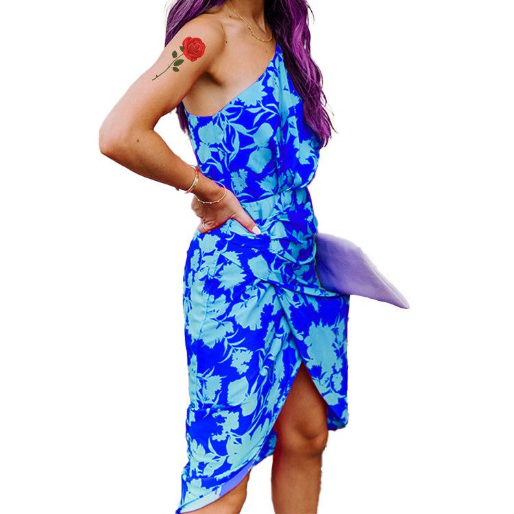Summer One Shoulder Bodycon Midi Dresses-Sexy Dresses-Blue-S-Free Shipping Leatheretro