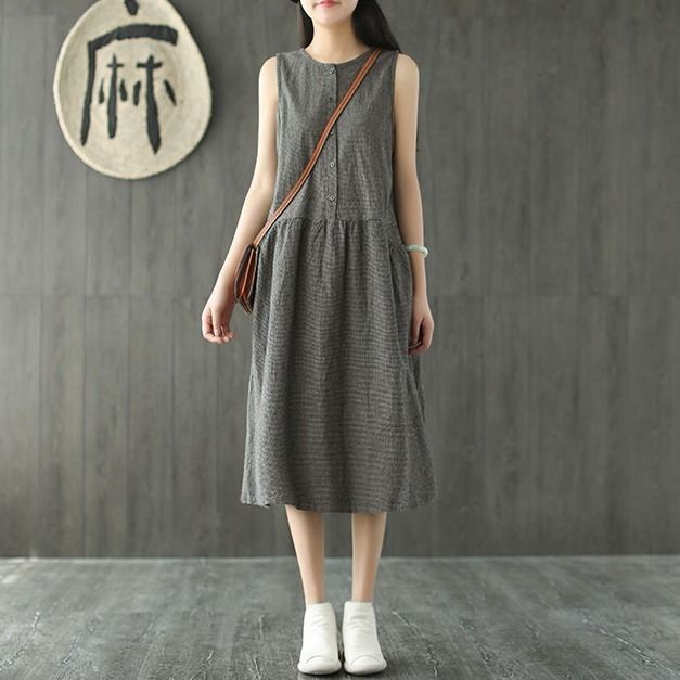 Vintage Sleeveless Linen Summer Midi Dresses-Dresses-Black-M-Free Shipping Leatheretro