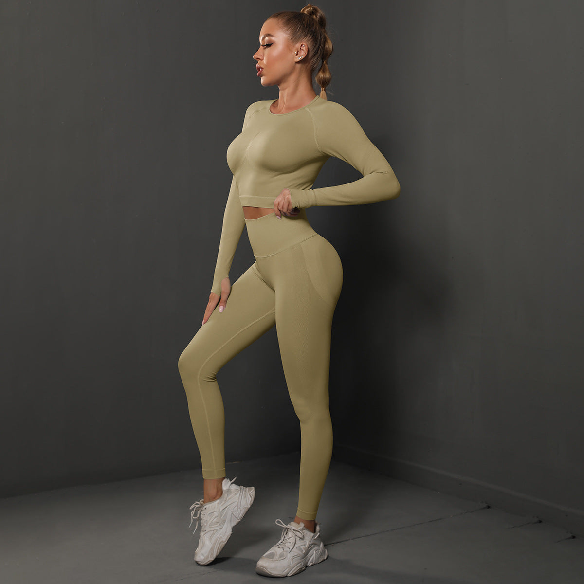 Fashion Simple Style Sports Yoga Suits for Women-Activewear-Khaki-S-Free Shipping Leatheretro