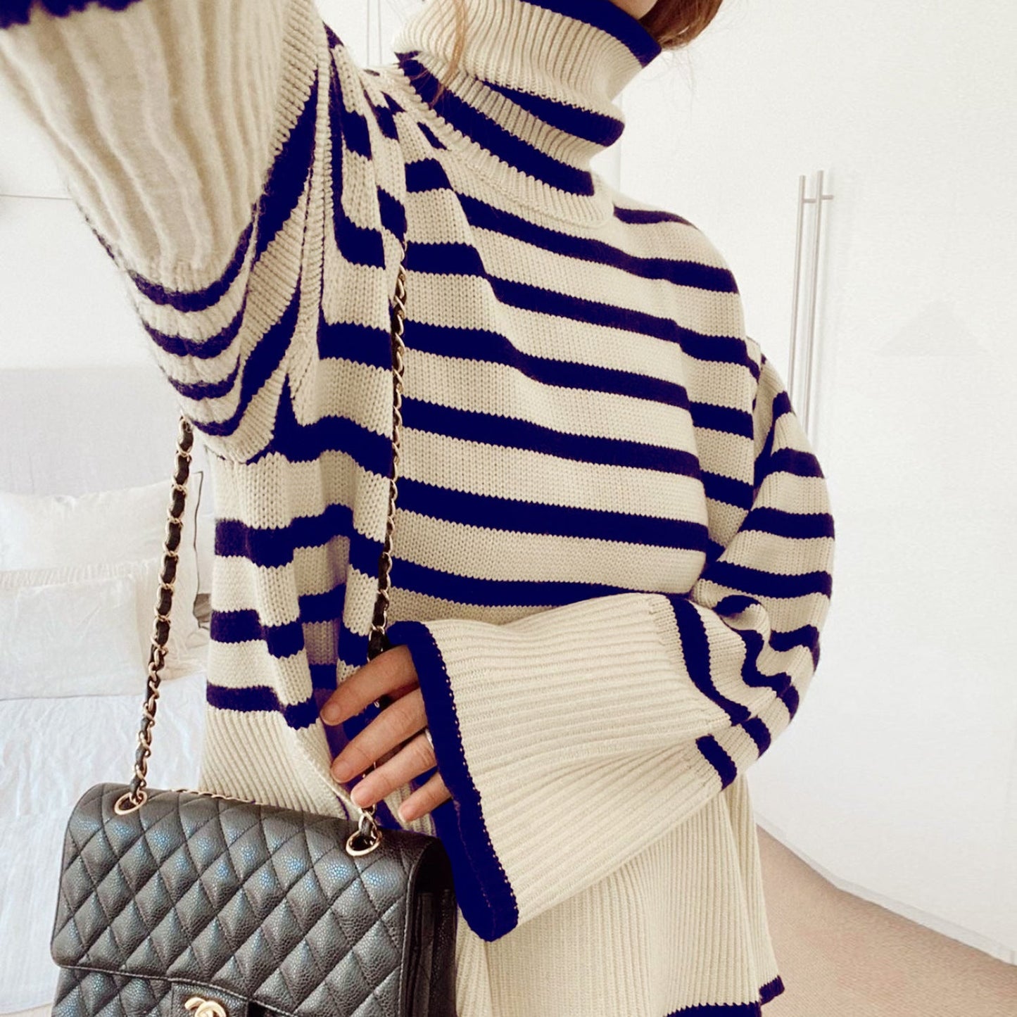 Women High Neck Knitting Striped Sweaters-Shirts & Tops-Black-S-Free Shipping Leatheretro