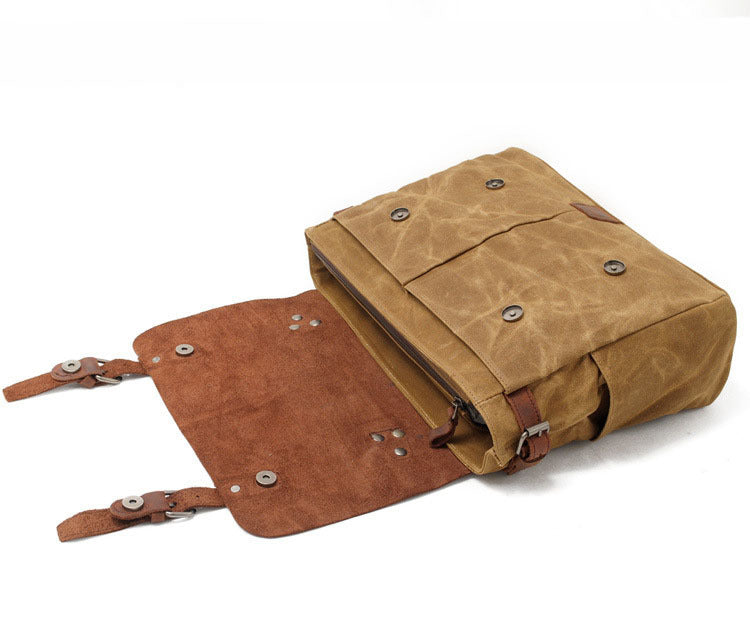 Vintage Waxed Leather Canvas Crossbody Bags for Men 1696-Leather Canvas Bag-Khaki-Free Shipping Leatheretro