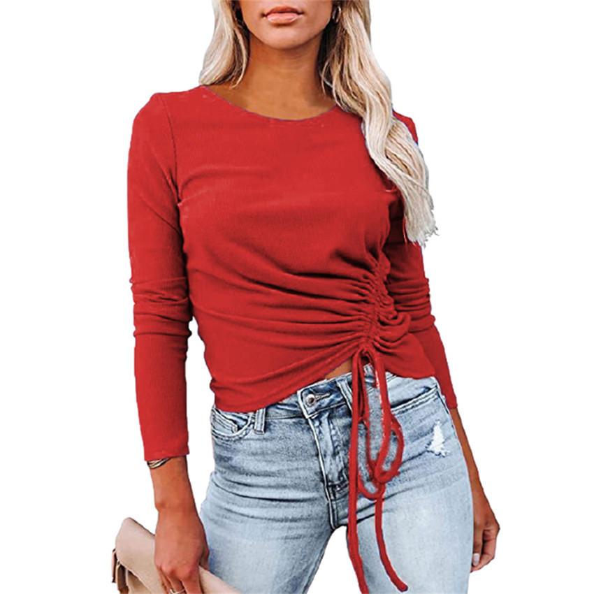 Women Sexy Round Neck Drawstring Long Sleeves T Shirts-Shirts & Tops-Red-S-Free Shipping Leatheretro
