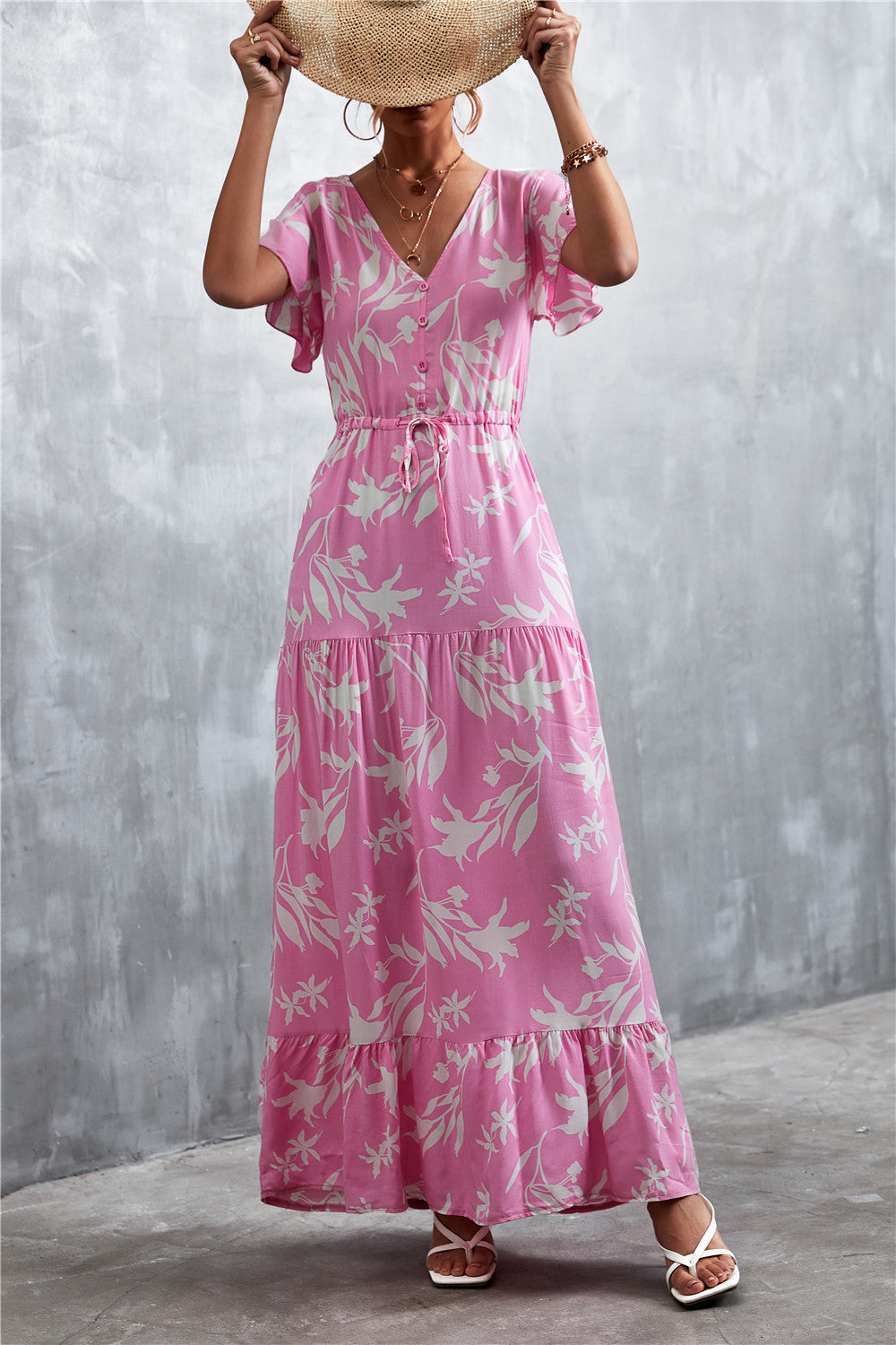 Casual V Neck Long Maxi Dresses-Dresses-Pink-S-Free Shipping Leatheretro