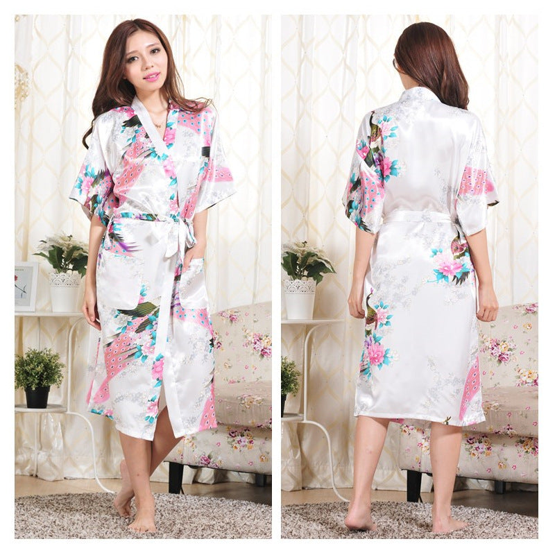 Women Peacock Design Satin Women Night Romber Gowns-Sleepwear & Loungewear-White-M-Free Shipping Leatheretro