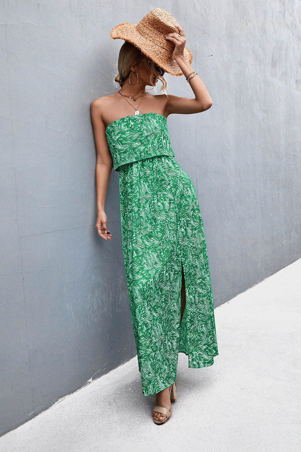 Sexy Strapless Summer Daily Dresses-Dresses-Green Floral-S-Free Shipping Leatheretro