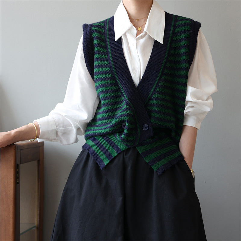 Vintage Designed Striped Knitted Top Vest-Vests-Green-One Size-Free Shipping Leatheretro