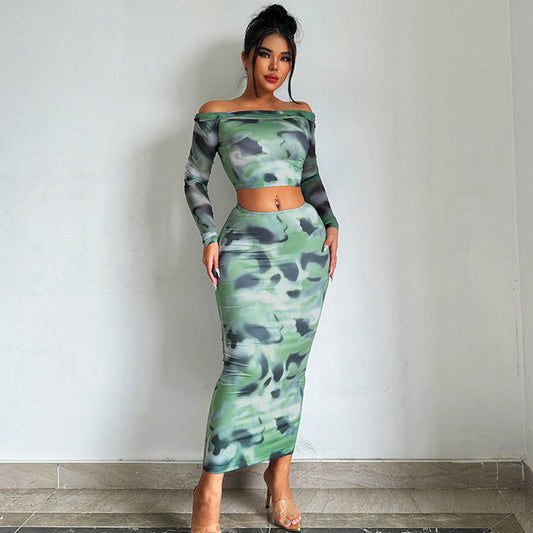 Sexy Off The Shoulder T Shirts and Sheath Skirts Two Pieces Sets-Dresses-Green-S-Free Shipping Leatheretro