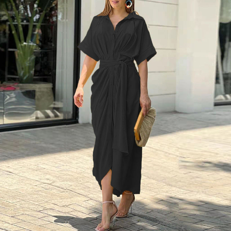 Summer Women Midi Length Shirts Dresses-Dresses-Black-S-Free Shipping Leatheretro