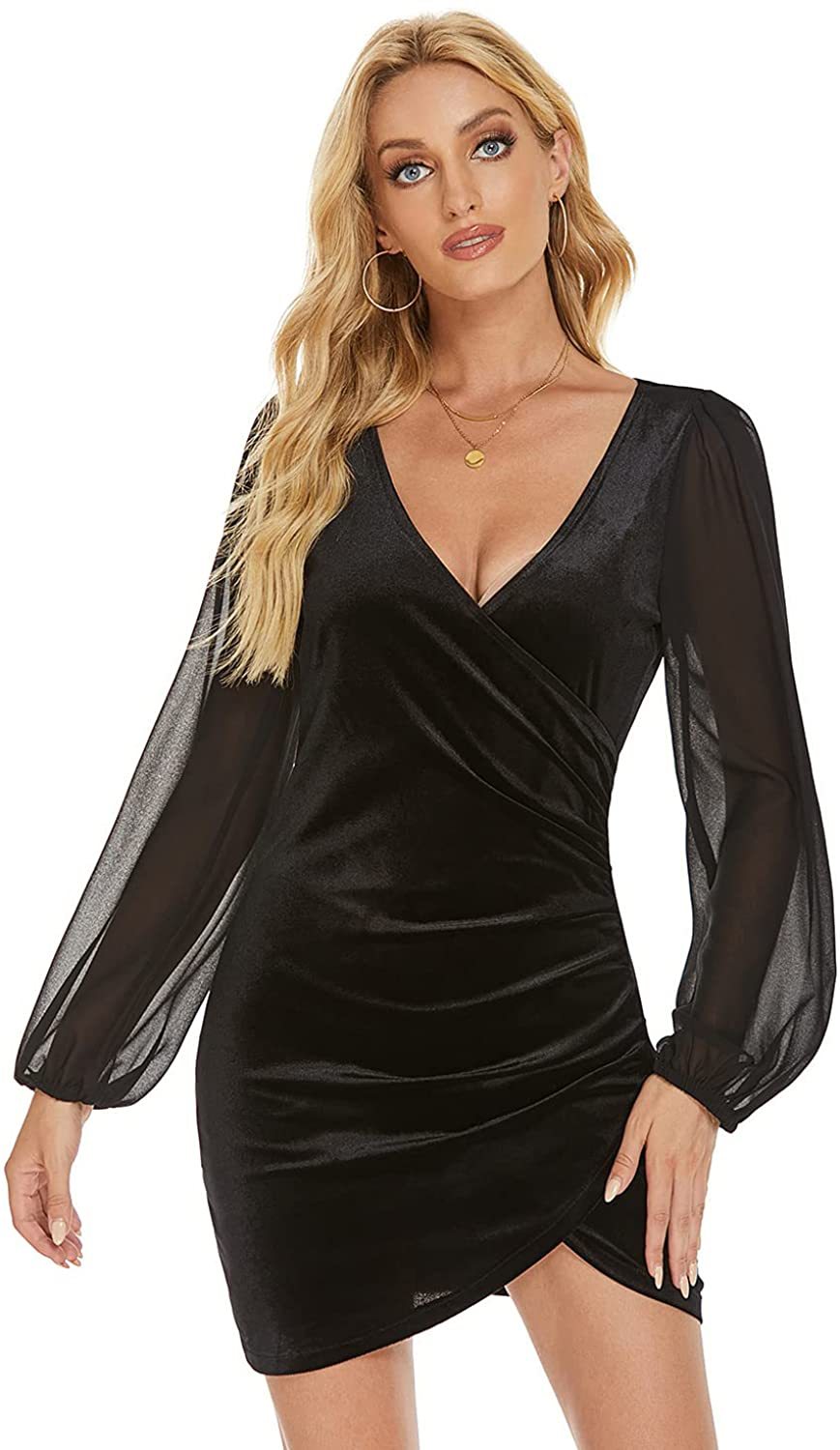 Sexy V Neck Long Sleeves Party Dresses-Dresses-Black-S-Free Shipping Leatheretro