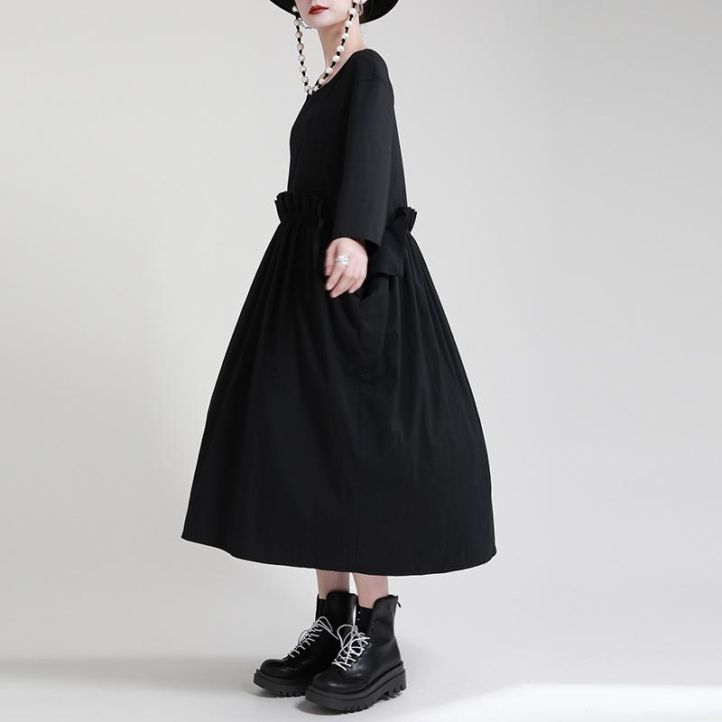 Black Round Neck Women Fall Fake Two Piece Summer Dress-Cozy Dresses-Black-One Size-Free Shipping Leatheretro