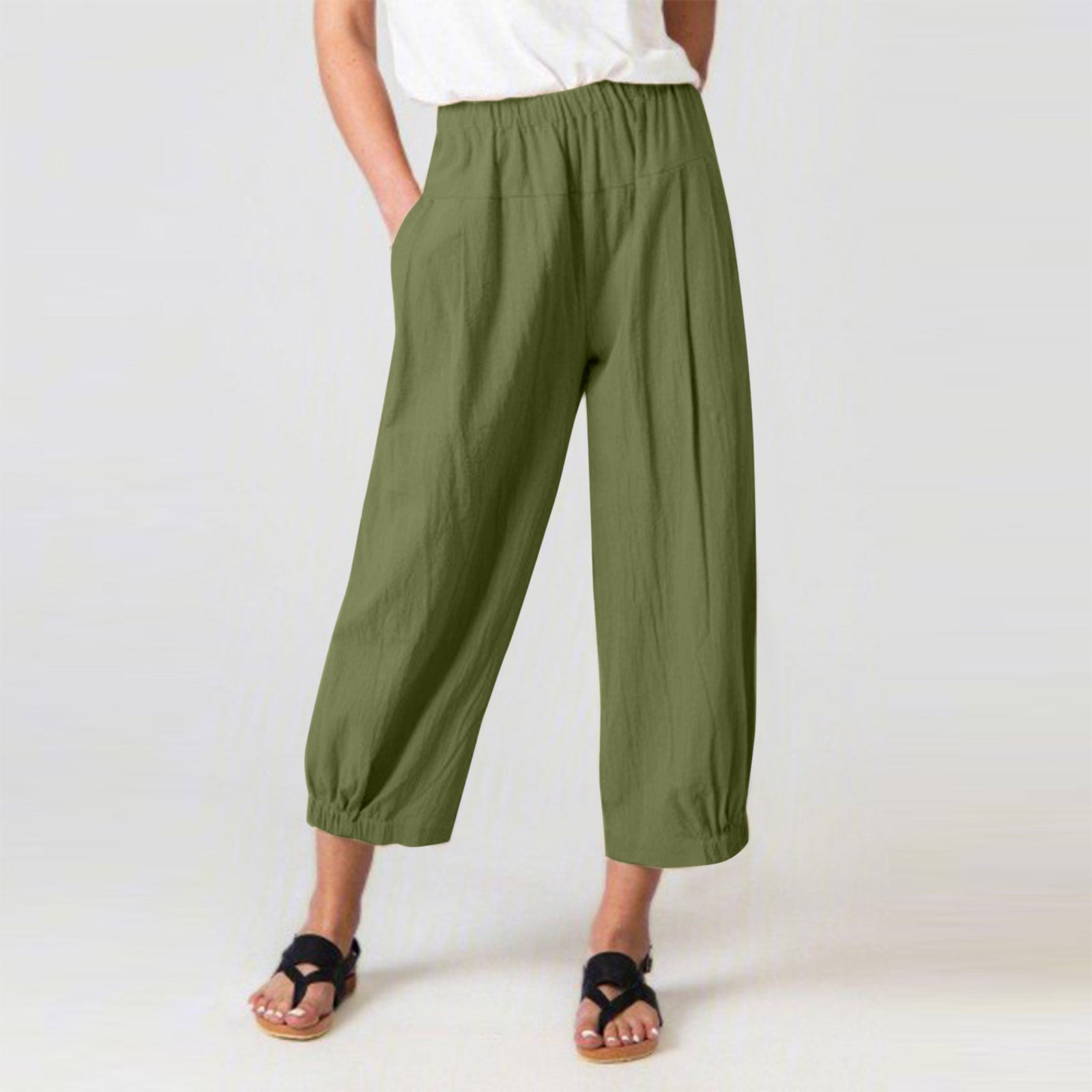 Loose High Waist Cropped Wide Legs Pants-Pants-Army Green-S-Free Shipping Leatheretro