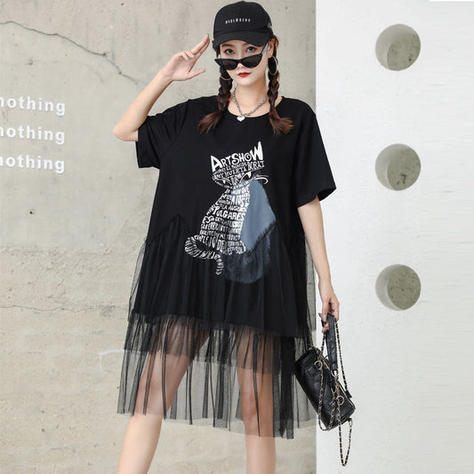 Cat Designed Tulle Loose Summer Black Midi Dresses-Dresses-Black-One Size-Free Shipping Leatheretro