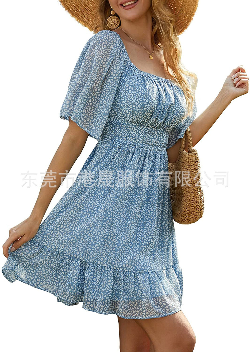 Summer Chiffon Women Daily Dresses-Dresses-Blue Flower-S-Free Shipping Leatheretro