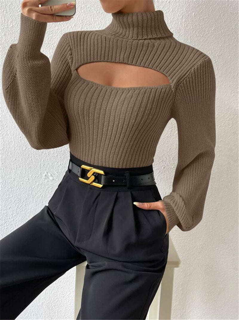 Sexy High Neck Knitted Sweaters-Shirts & Tops-Khaki-S-Free Shipping Leatheretro