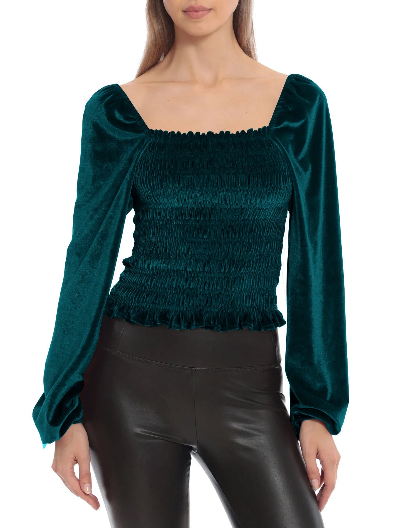 Elegant Designed Velvet Long Sleeves T Shirts-Shirts & Tops-Green-S-Free Shipping Leatheretro