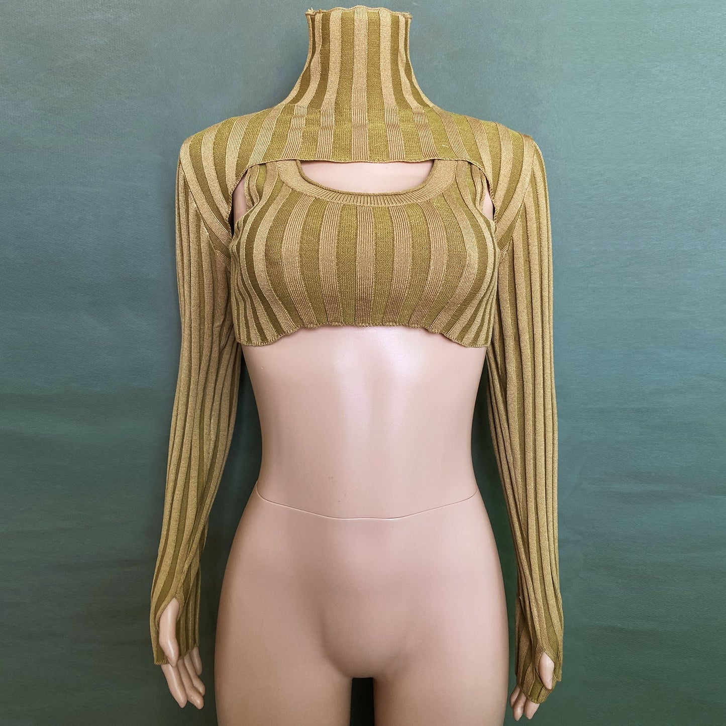 Sexy High Neck Knitting Women Short Tops Suits-Shirts & Tops-Brown-S-Free Shipping Leatheretro