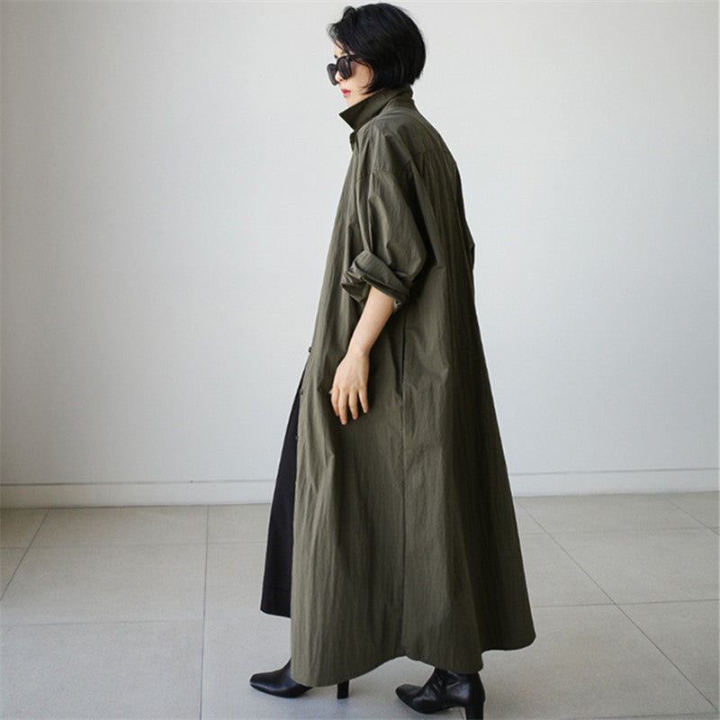 Loose Women Long Sleeves Trenchcoats-Outerwear-Army Green-S-Free Shipping Leatheretro