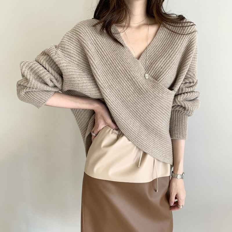 Designed Knitting Crossed Women Knitted Sweaters-Shirts & Tops-Khaki-One Size-Free Shipping Leatheretro