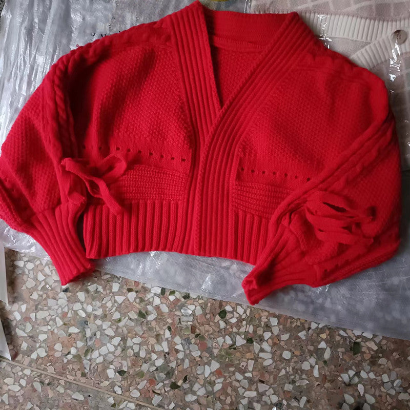 Sweety V Neck Knitted Short Sweaters-Shirts & Tops-Red-One Size-Free Shipping Leatheretro