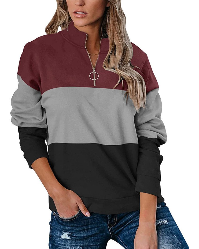 Women Casual Contrast 3 Colors Zipper Neck Fall Hoodies-Shirts & Tops-Red-S-Free Shipping Leatheretro