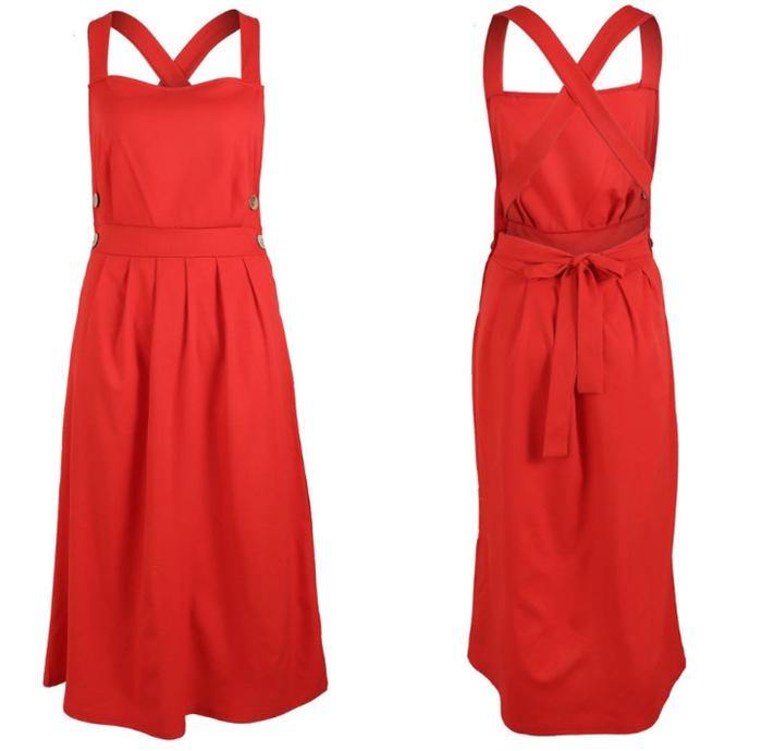 Red Women Straps Midi Length Dresses-Casual Dresses-Red-S-Free Shipping Leatheretro