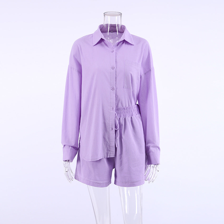 Casual Two Pieces Shirts and Shorts Summer Women Suits-Suits-Purple-S-Free Shipping Leatheretro