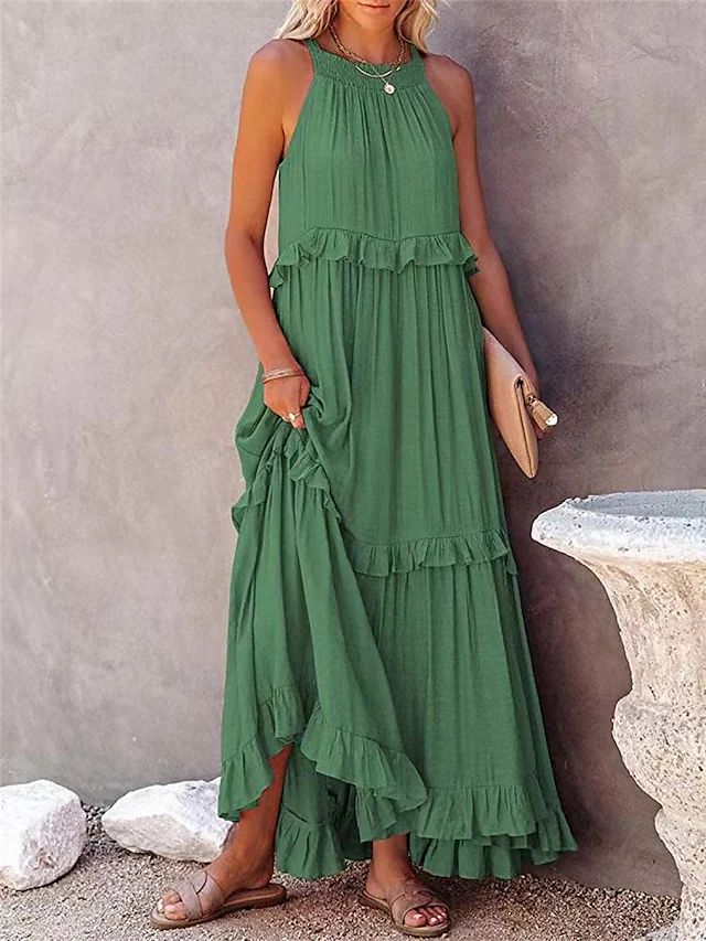 Casual Ruffled Summer Holiday Long Maxi Dresses-Dresses-Green-S-Free Shipping Leatheretro