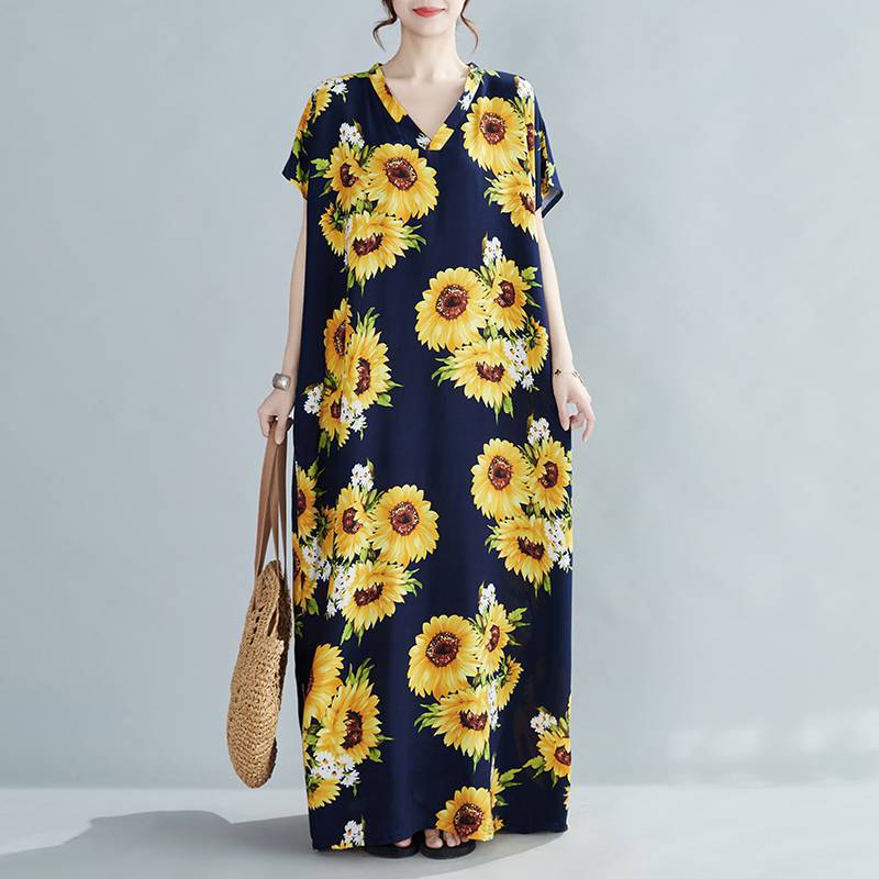 Women Summer Plus Sizes Long Dresses-Dresses-Yellow Flower-One Size (50-120 kg)-Free Shipping Leatheretro