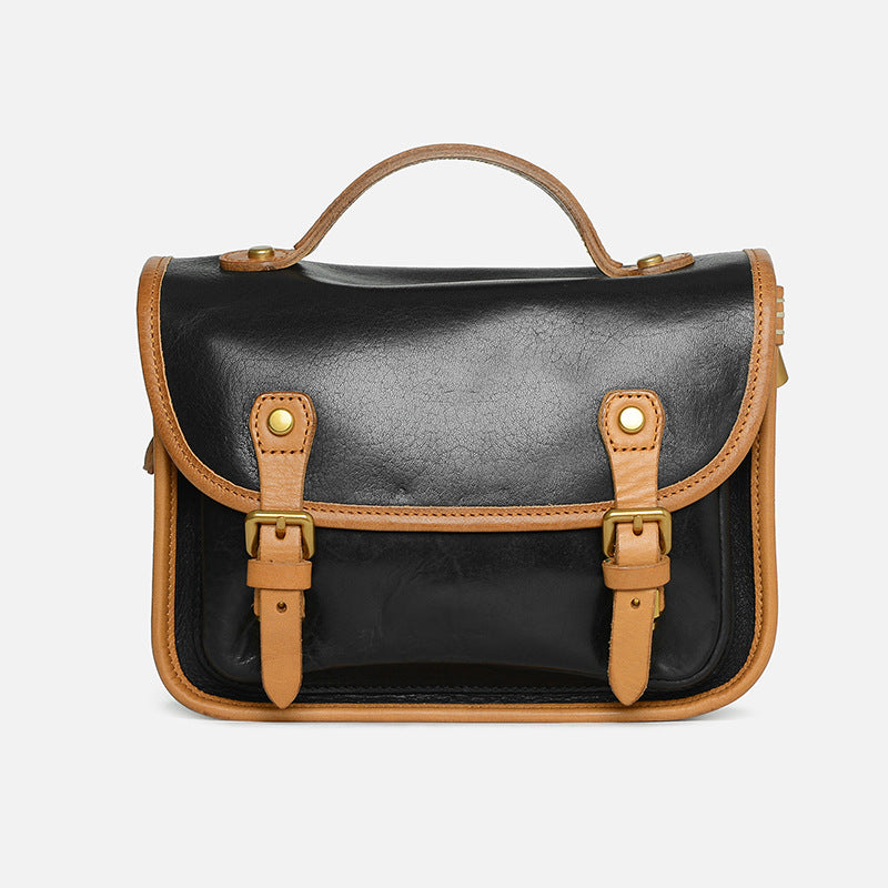 Handmade Veg Leather Cambridge Crossbody Bag 9033-Black-Free Shipping Leatheretro
