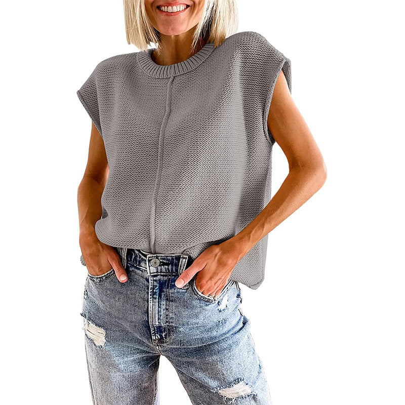 Casual Sleeveless Round Neck Knitted Vest-Shirts & Tops-Gray-S-Free Shipping Leatheretro