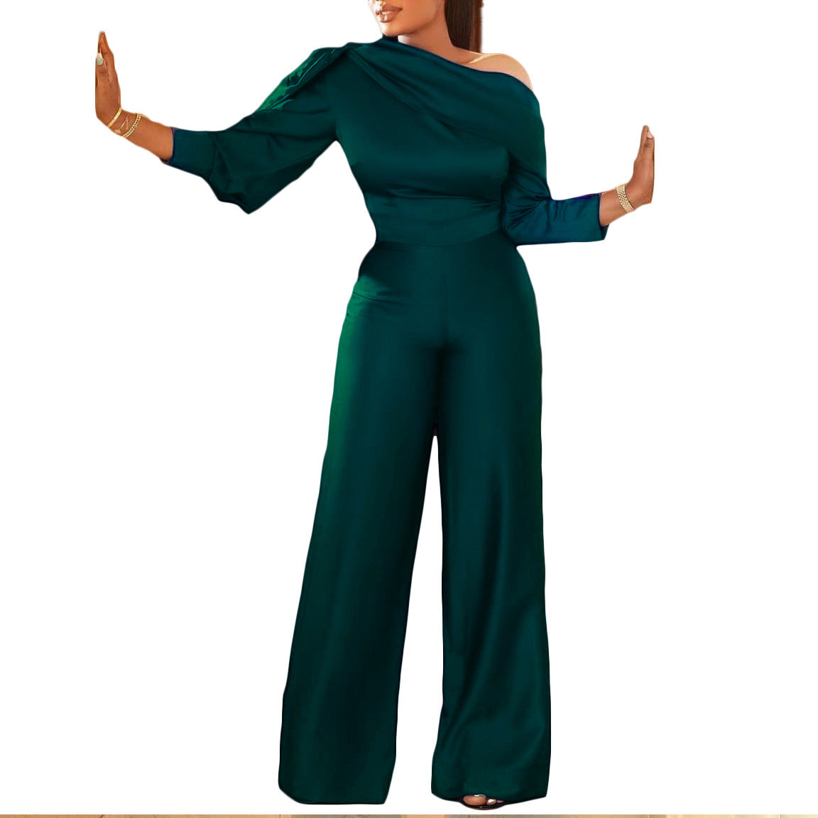 Sexy One Shoulder Long Sleeves Plus Sizes Jumpsuits-Suits-Green-S-Free Shipping Leatheretro