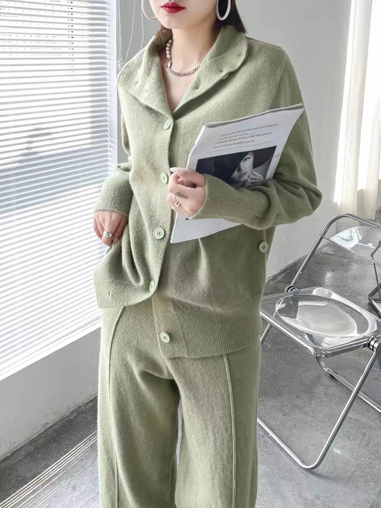 Fashion Two Pieces Knitted Suits for Women-Suits-Green-One Size-Free Shipping Leatheretro