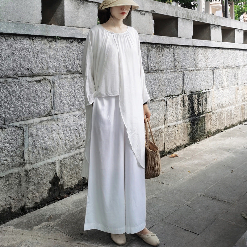 Casual White Long Sleeves Blouses and Linen Pants-Suits-Top-One Size-Free Shipping Leatheretro