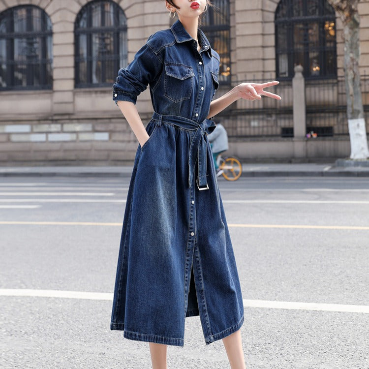 Vintage Denim Fall A Line Long Shirts Dresses-Dresses-The same as picture-M-Free Shipping Leatheretro