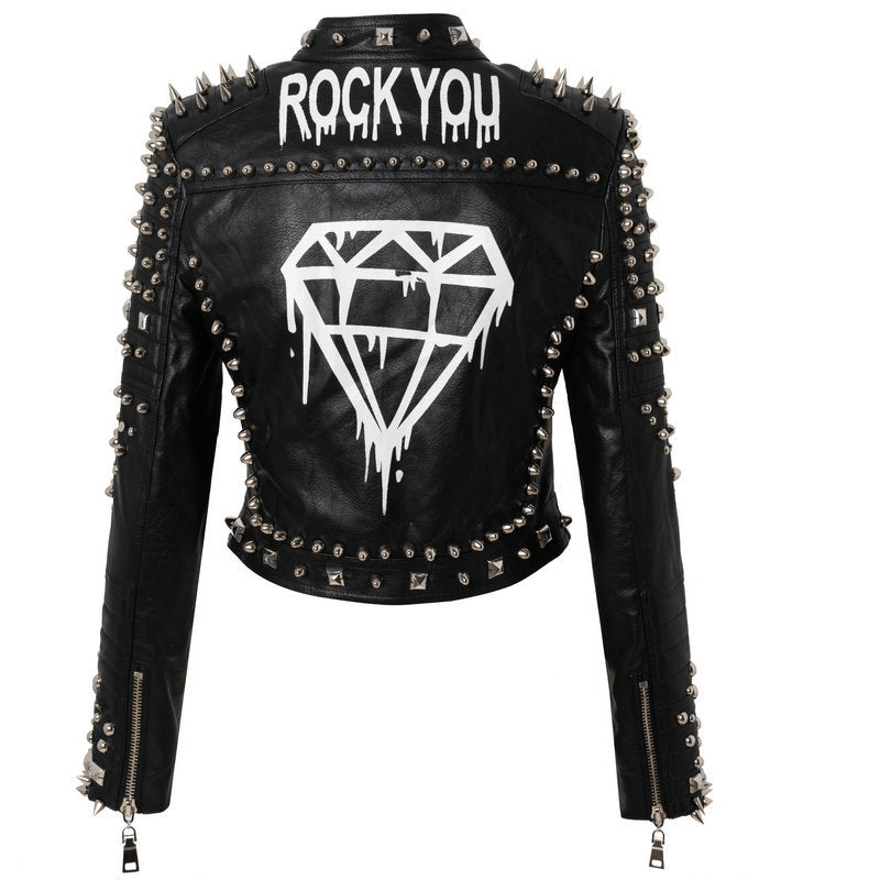 Black Punk Style Rived Short PU Jacket for Women-Coats & Jackets-Black-S-Free Shipping Leatheretro