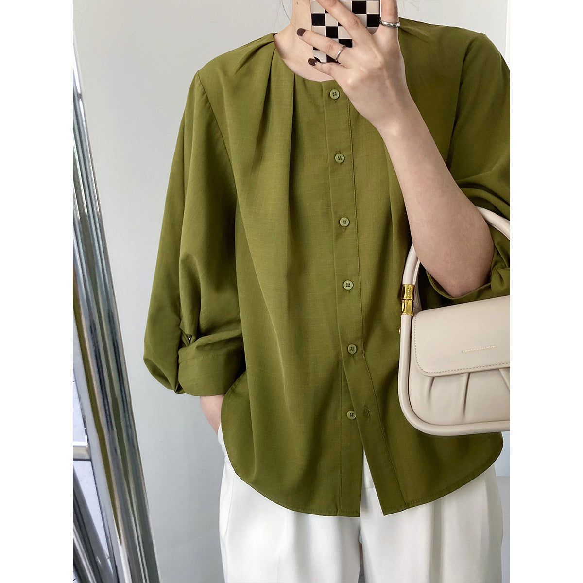 Designed Linen 3/4 Length Sleeves Shirts-Shirts & Tops-Green-M-Free Shipping Leatheretro