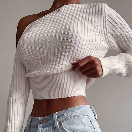 Women One Shoulder Sexy Knitting Sweaters-Shirts & Tops-White-S-Free Shipping Leatheretro