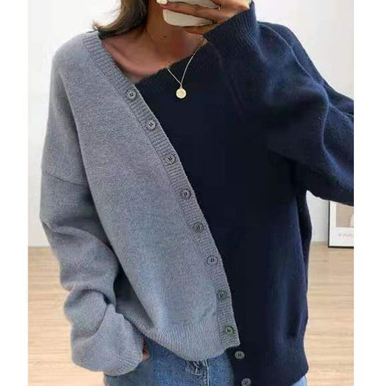 Casual Contrast Long Sleeves Knitting Sweaters-Navy Blue-One Size-Free Shipping Leatheretro