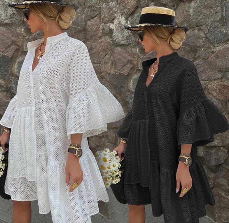 Fashion Turnover Collar Fall Women Dresses-Mini Dresses-White-S-Free Shipping Leatheretro