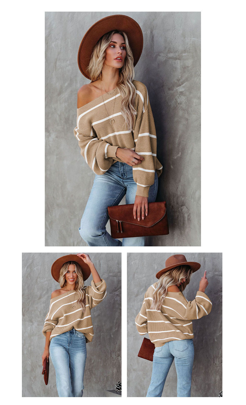 Women Off The Shoulder Striped Knitted Pullover Sweaters-Shirts & Tops-Black-S-Free Shipping Leatheretro