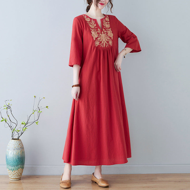 Bohemian Linen Summer Long Dresses-Dresses-Red-M-Free Shipping Leatheretro