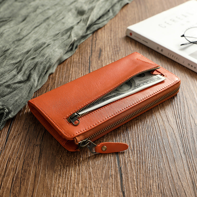 Vintage Vege Tanned Leather Long Zipper Wallets 19055-Handbags, Wallets & Cases-Black-Free Shipping Leatheretro