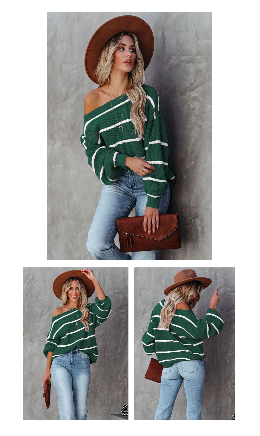 Women Off The Shoulder Striped Knitted Pullover Sweaters-Shirts & Tops-Black-S-Free Shipping Leatheretro