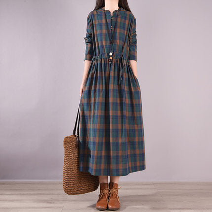 Vintage 80s Linen Drawstring Plus Sizes Long Dresses-Dresses-Blue-XL-Free Shipping Leatheretro