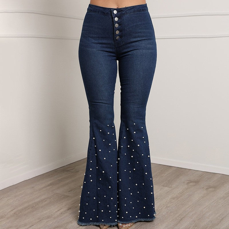 Casual Beaded Women Trumpet Jeans-Pants-Dark Blue-S-Free Shipping Leatheretro