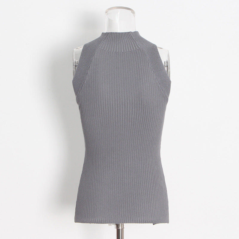 Designed High Neck Irregular Women Knitted Tank Tops-vest-White-S-Free Shipping Leatheretro