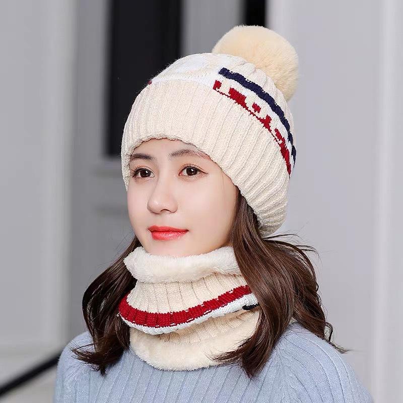 Women Fleeced Lined KnittedWarm Hats+Scarfs-Hats-Ivory-56-60cm-Free Shipping Leatheretro