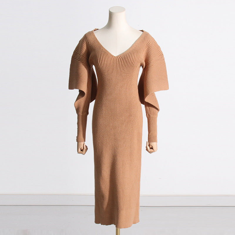 Fashion Designed Midi Length Knitted Dresses-Dresses-Khaki-One Size-Free Shipping Leatheretro