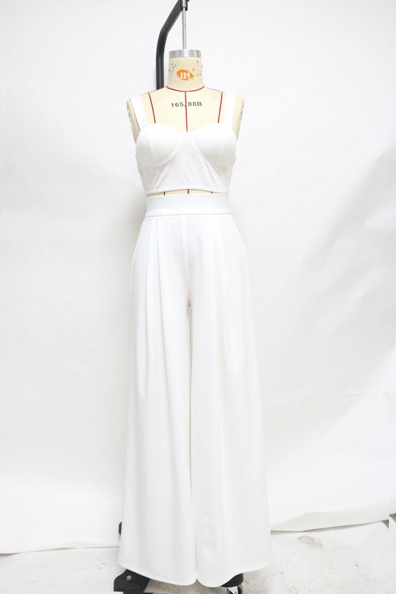 Sexy Straps Crop Top&Loose Pants Suits-Two Pieces Suits-White-S-Free Shipping Leatheretro